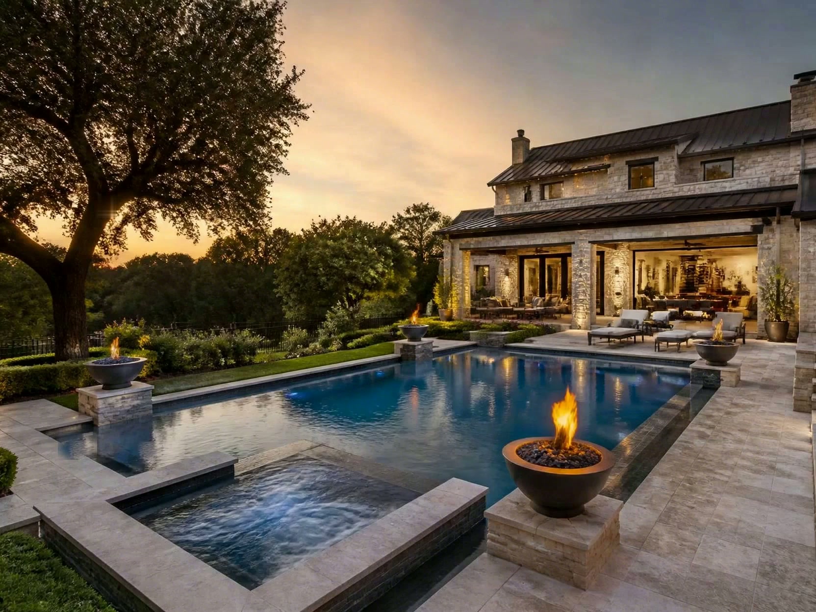 Luxury Texas estate with pool, spa, and fire bowls at sunset by Oak Hills Construction